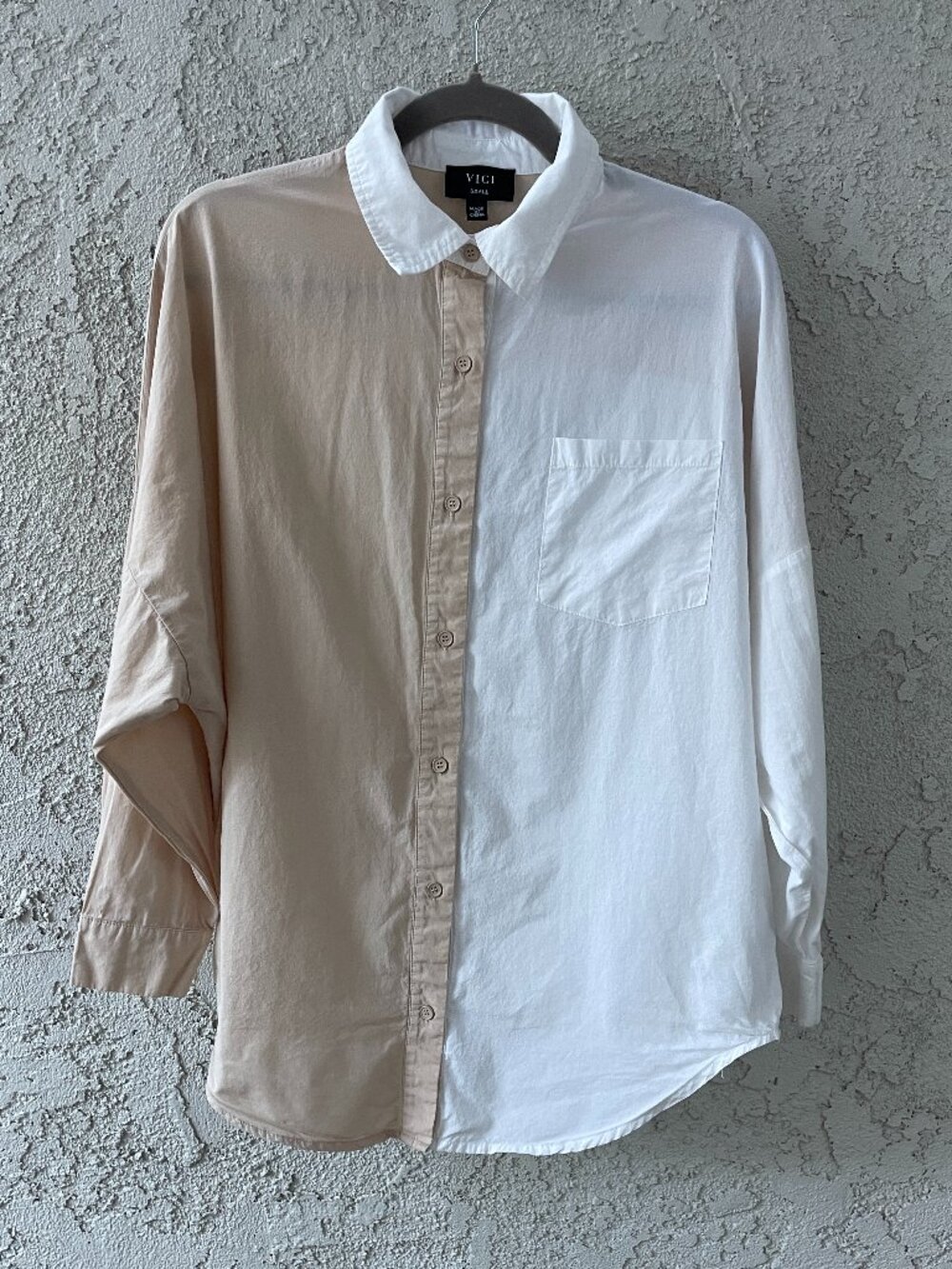 VICI Two Tone Button Down Shirt Small White Beige Colorblock 100% Cotton